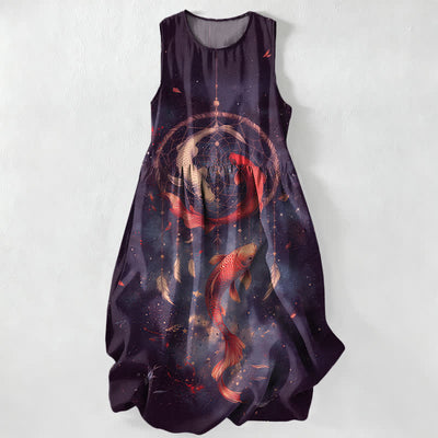 Buddha Stones Summer Casual Twin Koi Fish Feather Pattern Women's Summer Sleeveless Midi Dress With Pockets - Indigo - US16，UK/AU20，EU48 (3XL) - image 4