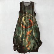 Foviel Summer Casual Twin Koi Fish Feather Pattern Women's Summer Sleeveless Midi Dress With Pockets