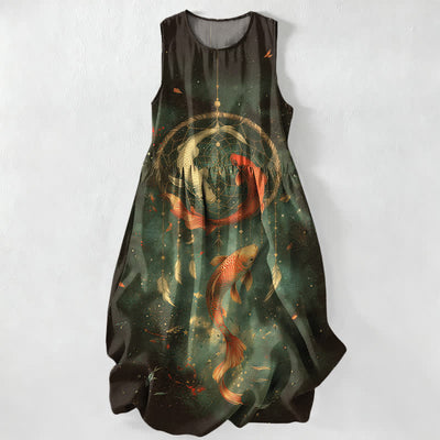 Buddha Stones Summer Casual Twin Koi Fish Feather Pattern Women's Summer Sleeveless Midi Dress With Pockets - DarkGreen - US16，UK/AU20，EU48 (3XL) - image 5
