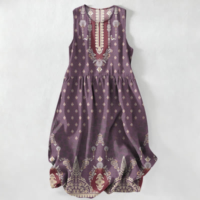 Buddha Stones Summer Casual Pink Ethnic Floral Pattern Women's Summer Sleeveless Midi Dress With Pockets - Purple - US16，UK/AU20，EU48 (3XL) - image 4