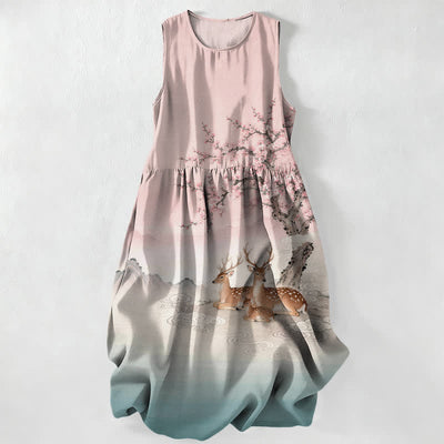 Buddha Stones Summer Casual Peach Blossom Tree Sika Deer Landscape Pattern Women's Summer Sleeveless Midi Dress With Pockets - LightPink - US16，UK/AU20，EU48 (3XL) - image 5