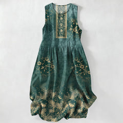 Buddha Stones Summer Casual Vintage Floral Vine Pattern Women's Summer Sleeveless Midi Dress With Pockets - SeaGreen - US16，UK/AU20，EU48 (3XL) - image 0