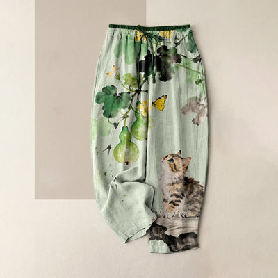 Buddha Stones Pure Cotton Gourd Vines Yellow Butterfly Cat Pattern Women's Elastic Waist Pants With Pockets - PaleGreen - US16，UK/AU20，EU48 (3XL) - image 0