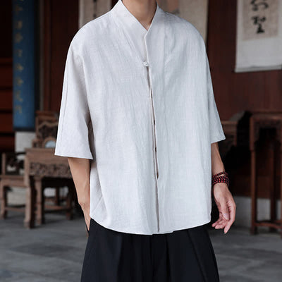 Buddha Stones Spring Summer Tang Style Minimalist Pankou Solid Men's Elbow-Length Shirts - image 19