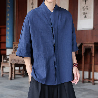 Buddha Stones Spring Summer Tang Style Minimalist Pankou Solid Men's Elbow-Length Shirts - image 2
