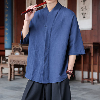 Buddha Stones Spring Summer Tang Style Minimalist Pankou Solid Men's Elbow-Length Shirts - image 1