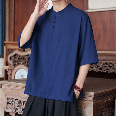 Buddha Stones Spring Summer Tang Style Casual Frog Button Solid Cotton Linen Men's Elbow-Length Sleeve Shirts - image 8