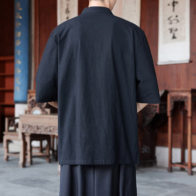 Buddha Stones Spring Summer Tang Style Casual Frog Button Solid Cotton Linen Men's Elbow-Length Sleeve Shirts - image 13