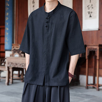Buddha Stones Spring Summer Tang Style Casual Frog Button Solid Cotton Linen Men's Elbow-Length Sleeve Shirts - image 15