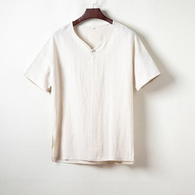 Buddha Stones Summer Casual Tang Style V-Neck Solid Men's Short Sleeve Shirts - Linen - US/UK/AU44，EU54 (4XL) - image 9
