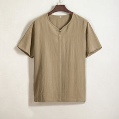 Buddha Stones Summer Casual Tang Style V-Neck Solid Men's Short Sleeve Shirts - Tan - US/UK/AU44，EU54 (4XL) - image 0