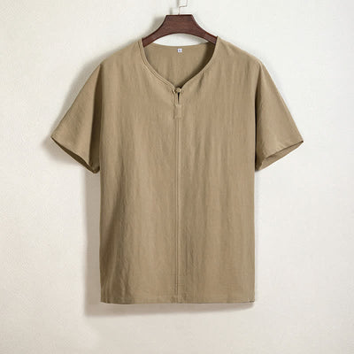 Buddha Stones Summer Casual Tang Style V-Neck Solid Men's Short Sleeve Shirts - Tan - US/UK/AU44，EU54 (4XL) - image 0
