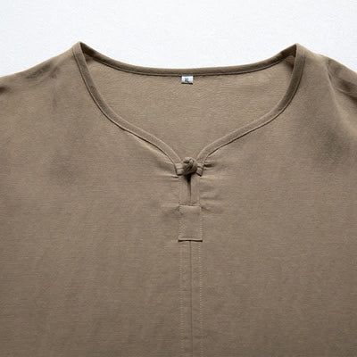 Buddha Stones Summer Casual Tang Style V-Neck Solid Men's Short Sleeve Shirts - image 3