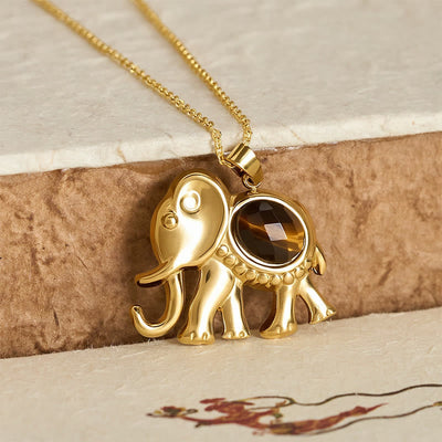 Buddha Stones Gold Plated Tiger Eye Elephant Protection Necklace - image 2