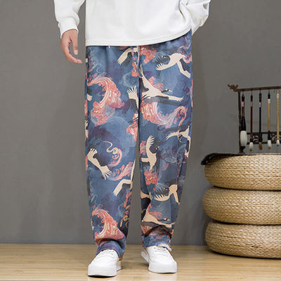 Buddha Stones Spring Summer Casual Drawstring Crane Print Ankle Pants Men's Harem Pants With Pockets - image 7