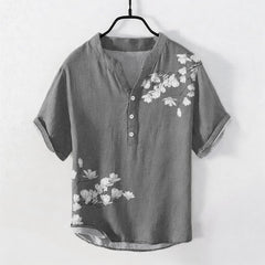 Buddha Stones Cotton White Floral Branch Pattern Men's Short Sleeve Half Button Shirt - Gray - US/UK/AU50，EU60 (5XL) - image 0