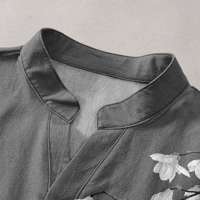 Buddha Stones Cotton White Floral Branch Pattern Men's Short Sleeve Half Button Shirt - image 2
