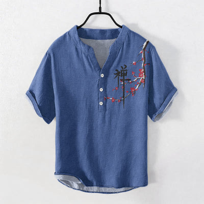 Buddha Stones Cotton Cherry Blossom Calligraphy Zen Pattern Men's Short Sleeve Half Button Shirt - SteelBlue - US/UK/AU50，EU60 (5XL) - image 3