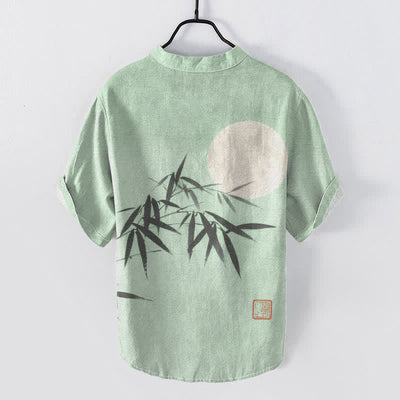 Buddha Stones Cotton Bamboo Leaf Ink Moon Pattern Men's Short Sleeve Half Button Shirt - image 4