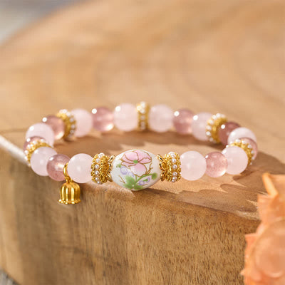 Buddha Stones Natural Strawberry Quartz Rose Quartz Ceramic Barrel Bead Lotus Pendant Clarity Round Bead Bracelet - Strawberry Quartz Rose Quartz (Wrist Circumference: 15–16 cm) - image 0