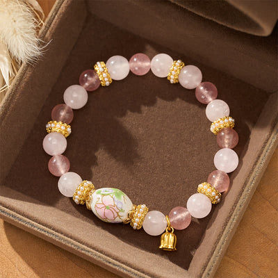 Buddha Stones Natural Strawberry Quartz Rose Quartz Ceramic Barrel Bead Lotus Pendant Clarity Round Bead Bracelet - image 1