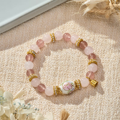 Buddha Stones Natural Strawberry Quartz Rose Quartz Ceramic Barrel Bead Lotus Pendant Clarity Round Bead Bracelet - image 3