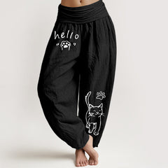 Buddha Stones Pure Cotton Hello Cat Paw Pattern Women's Elastic Waist Harem Pants - Black - US16，UK/AU20，EU48 (3XL) - image 0