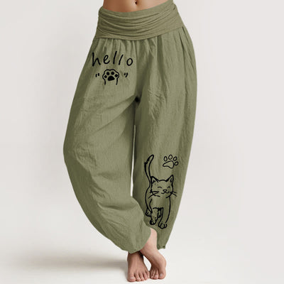 Buddha Stones Pure Cotton Hello Cat Paw Pattern Women's Elastic Waist Harem Pants - OliveDrab - US16，UK/AU20，EU48 (3XL) - image 14
