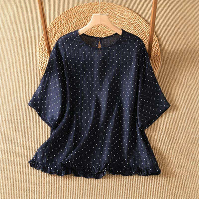 Buddha Stones Summer Casual Polka Dot Ruffled Hem Women's Short Sleeve T-Shirts - MidnightBlue - US8-10, UK/AU12-14, EU40-42 (2XL) - image 5
