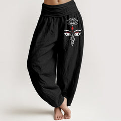Buddha Stones Pure Cotton White Lotus Eye Pattern Women's Elastic Waist Harem Pants - Black - US16，UK/AU20，EU48 (3XL) - image 0