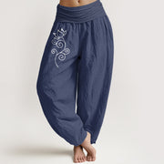 Foviel reine Baumwolle weiß Lotus Blumen Vine Muster Damen elastische Taille Harem Hose