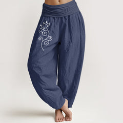 Buddha Stones Pure Cotton White Lotus Floral Vine Pattern Women's Elastic Waist Harem Pants - DarkSlateBlue - US16，UK/AU20，EU48 (3XL) - image 0