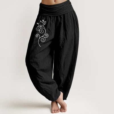 Buddha Stones Pure Cotton White Lotus Floral Vine Pattern Women's Elastic Waist Harem Pants - Black - US16，UK/AU20，EU48 (3XL) - image 5