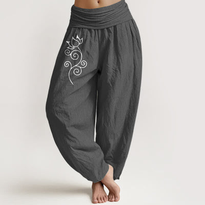 Buddha Stones Pure Cotton White Lotus Floral Vine Pattern Women's Elastic Waist Harem Pants - DimGray - US16，UK/AU20，EU48 (3XL) - image 8