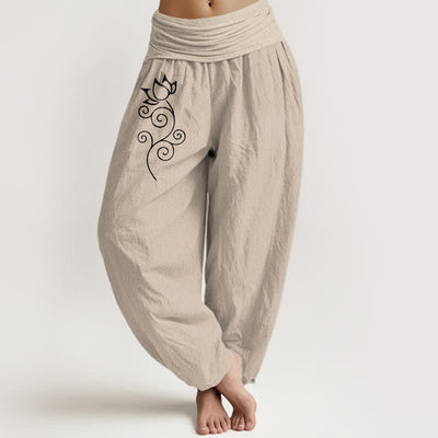 Buddha Stones Pure Cotton White Lotus Floral Vine Pattern Women's Elastic Waist Harem Pants - Tan - US16，UK/AU20，EU48 (3XL) - image 11