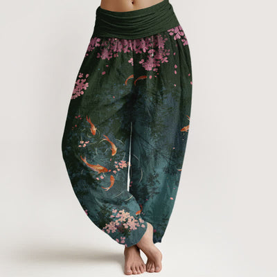 Buddha Stones Pure Cotton Koi Fish Sakura Pattern Women's Elastic Waist Pants With Pockets - DarkSlateGray - US16，UK/AU20，EU48 (3XL) - image 5