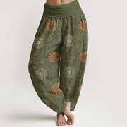 Foviel Cotton Bohemian Mandala Vine Pattern Women's Elastic Waist Harem Pants