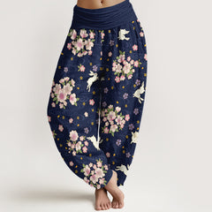 Buddha Stones Pure Cotton Floral Rabbit Pattern Women's Elastic Waist Harem Pants - MidnightBlue - US16，UK/AU20，EU48 (3XL) - image 0