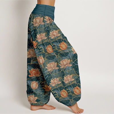Buddha Stones Pure Cotton Lotus Bloom Pattern Women's Elastic Waist Harem Pants - image 1