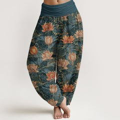 Buddha Stones Pure Cotton Lotus Bloom Pattern Women's Elastic Waist Harem Pants - Teal - US16，UK/AU20，EU48 (3XL) - image 0