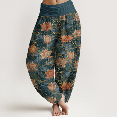 Buddha Stones Pure Cotton Lotus Bloom Pattern Women's Elastic Waist Harem Pants - Teal - US16，UK/AU20，EU48 (3XL) - image 0