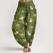 Foviel Pure Cotton Kite Musical Instrument Calligraphy Pattern Women's Elastic Waist Harem Pants