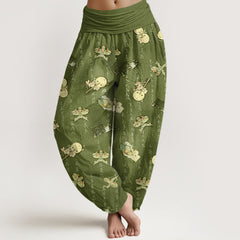 Buddha Stones Pure Cotton Kite Musical Instrument Calligraphy Pattern Women's Elastic Waist Harem Pants - OliveDrab - US16，UK/AU20，EU48 (3XL) - image 0