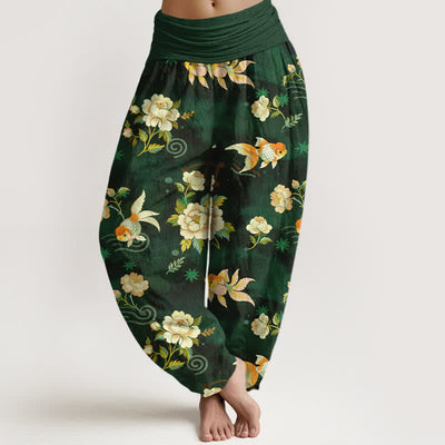 Buddha Stones Pure Cotton Koi Fish Floral Pattern Women's Elastic Waist Harem Pants - DarkGreen - US16，UK/AU20，EU48 (3XL) - image 5