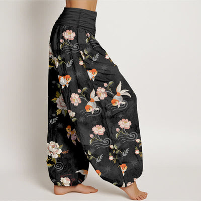 Buddha Stones Pure Cotton Koi Fish Floral Pattern Women's Elastic Waist Harem Pants - image 9