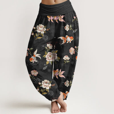 Buddha Stones Pure Cotton Koi Fish Floral Pattern Women's Elastic Waist Harem Pants - Black - US16，UK/AU20，EU48 (3XL) - image 8