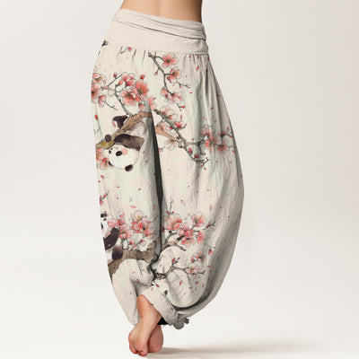 Buddha Stones Pure Cotton Panda Cherry Blossom Pattern Women's Elastic Waist Harem Pants - image 2