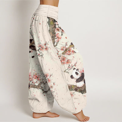 Buddha Stones Pure Cotton Panda Cherry Blossom Pattern Women's Elastic Waist Harem Pants - image 1