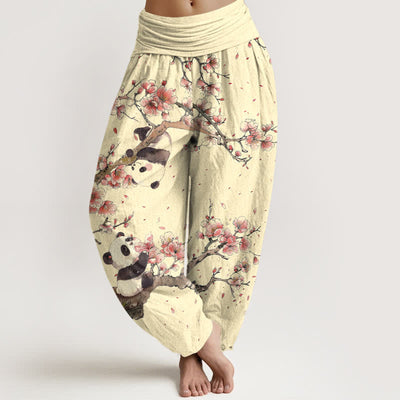 Buddha Stones Pure Cotton Panda Cherry Blossom Pattern Women's Elastic Waist Harem Pants - LemonChiffon - US16，UK/AU20，EU48 (3XL) - image 8