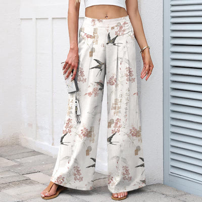 Buddha Stones Cotton Linen Floral Bird Pattern Women's Elastic Waist Wide Leg Pants With Pockets - image 1
